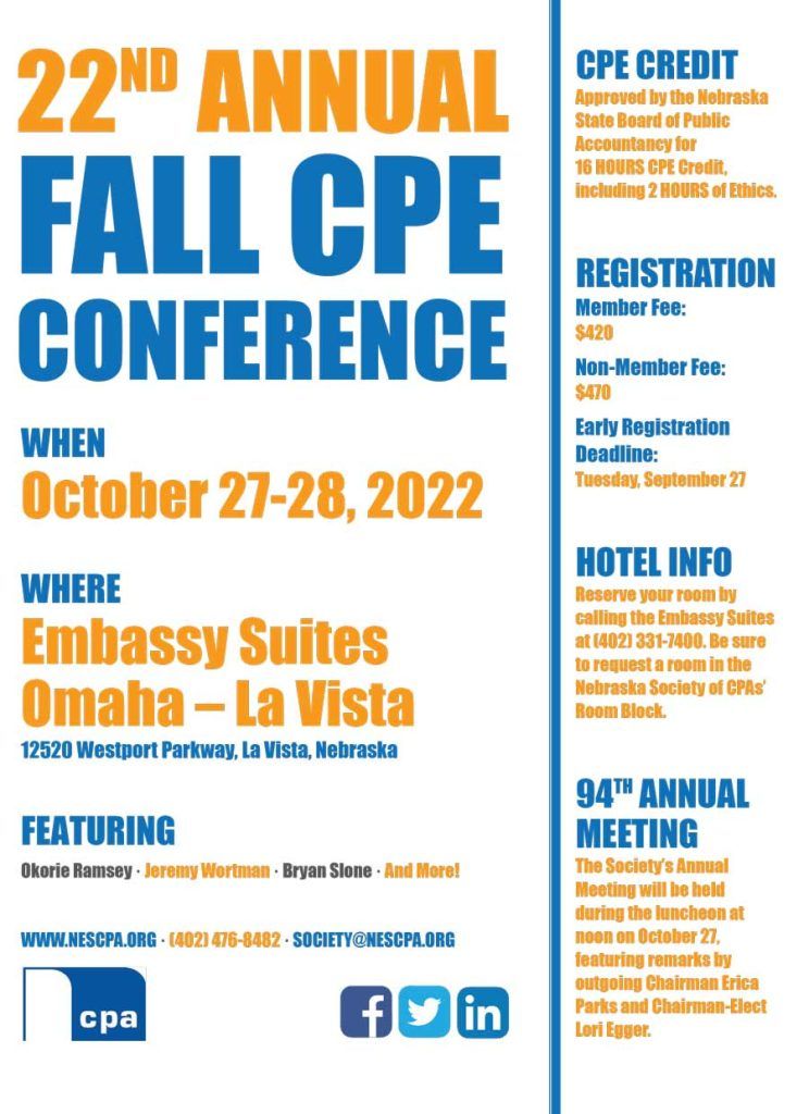 22nd Annual Fall CPE Conference Nebraska CPA Magazine