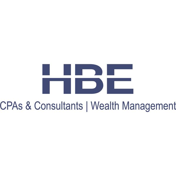 Blue H B E with a horizontal line cut out of each letter just above the halfway point. - Tagline: CPAs & Consultants | Wealth Management