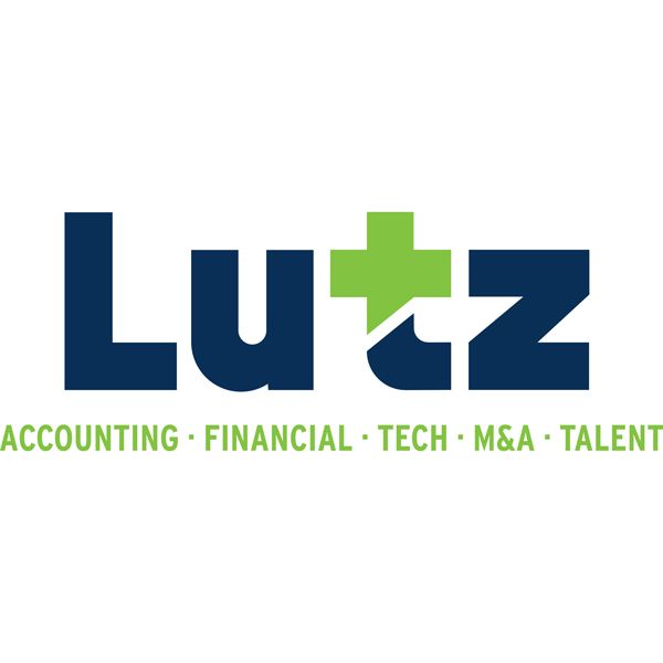 Lutz Logo Blue with a green + making up the cross in the "t". Tagline: Accounting - Financial - Tech - M&A - Talent