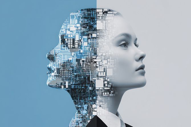 Mirrored image of a woman where one side is human and the other has a microchip overlay