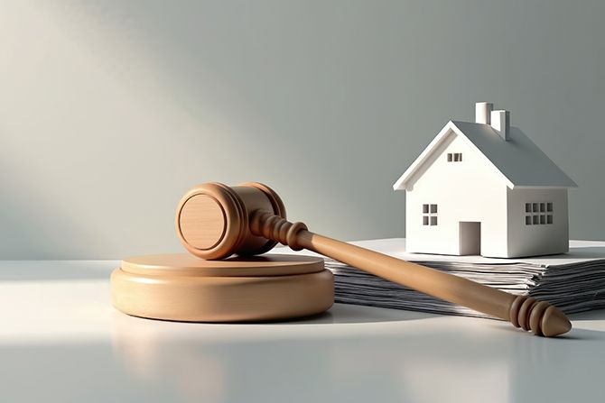 Photo of a gavel next to a model of a home on a stack of paper