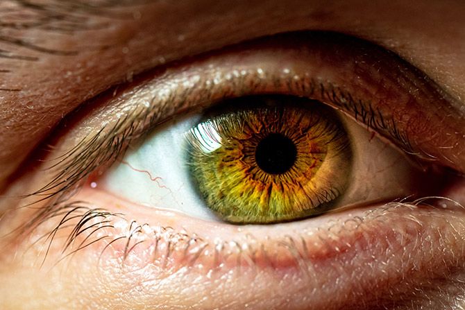 Focused on the Future; Close-up of a human eye with vibrant green and amber hues radiating from the pupil. The skin is lightly textured. The image captures a focused and detailed gaze.