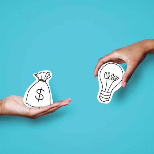 Fiscal Sponsorship: Expanding Impact While Managing Risk; Two hands exchange paper cutouts on a blue background. One hand holds a money bag, the other a lightbulb, symbolizing ideas traded for money.