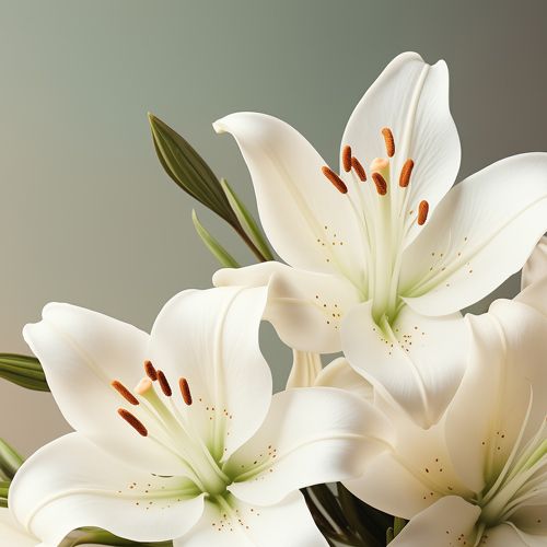 In Memoriam; White lilies in full bloom with prominent reddish-brown stamens, set against a soft gradient background. The image evokes elegance and serenity.