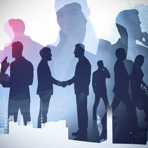 Members in the News; Silhouettes of businesspeople interacting, shaking hands, and using phones, set against a cityscape backdrop. Blue and pink tones convey collaboration.