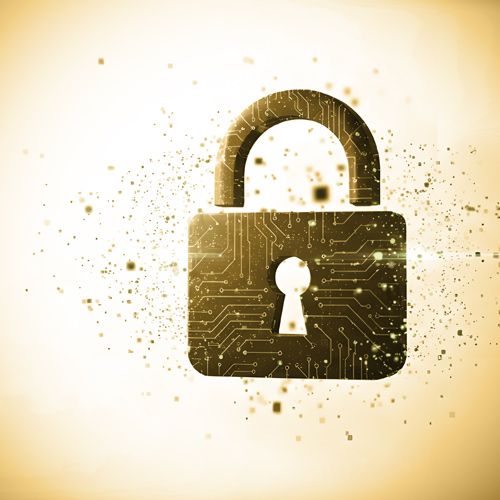 Counselor’s Corner: Perfecting Security Interests in Intellectual Property; Abstract digital padlock with circuit patterns on a golden background, symbolizing cybersecurity and data protection. The tone is secure and futuristic.