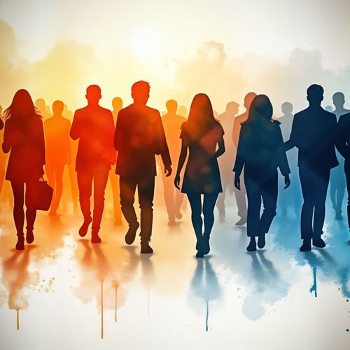 Preparing Early-Career CPAs for Success; Silhouettes of people walking confidently in a vibrant, abstract watercolor setting with warm orange and cool blue tones. Energetic and dynamic mood.