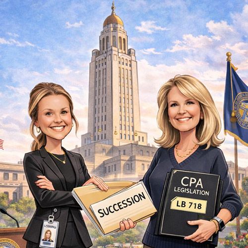Incoming President’s Message: New Beginnings. Same Great Profession. Cartoon of two smiling women in business attire in front of a legislature building. One holds a "Succession" folder, the other a "CPA Legislation LB 718" binder.